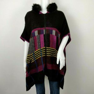 DESIGUAL Poncho Sweater Hooded Removable Fur Trim
